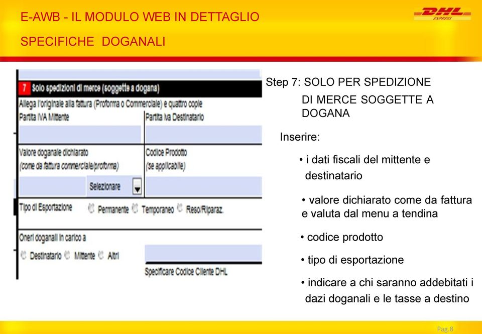 valore dichiarato come da fattura e valuta dal menu a tendina codice prodotto tipo