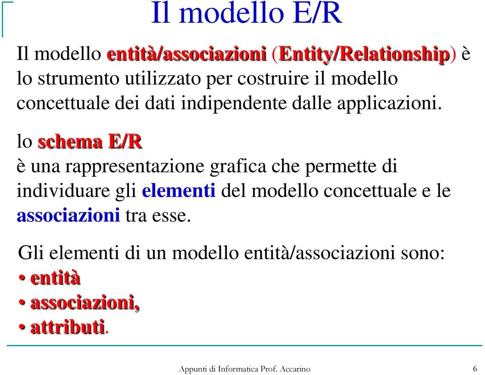 lo schema E/R è una rappresentazione grafica che permette di individuare gli elementi del modello