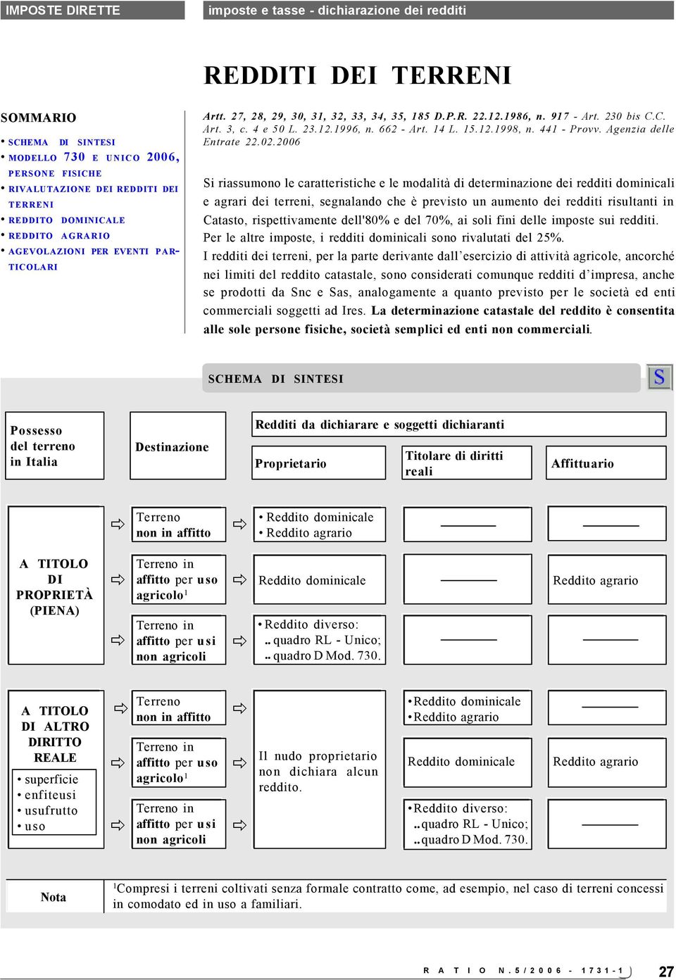 02.2006 Si riassumono le caratteristiche e le modalità di determinazione dei redditi dominicali e agrari dei terreni, segnalando che è previsto un aumento dei redditi risultanti in Catasto,