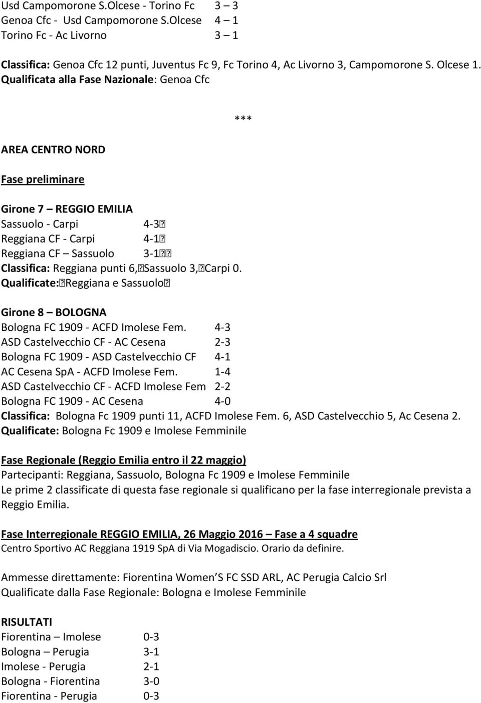 Qualificata alla Fase Nazionale: Genoa Cfc AREA CENTRO NORD Fase preliminare Girone 7 REGGIO EMILIA Sassuolo - Carpi 4-3 Reggiana CF - Carpi 4-1 Reggiana CF Sassuolo 3-1 Classifica: Reggiana punti 6,