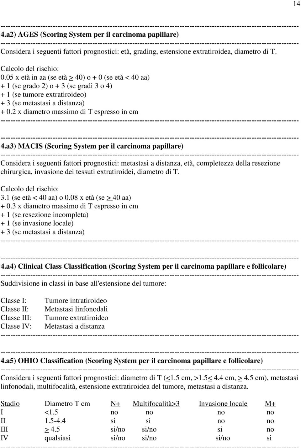 a3) MACIS (Scoring System per il carcinoma papillare) Considera i seguenti fattori prognostici: metastasi a distanza, età, completezza della resezione chirurgica, invasione dei tessuti extratiroidei,