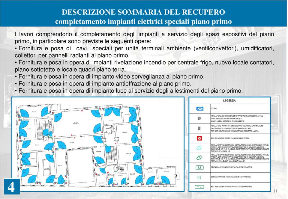 Fornitura e posa in opera di impianti rivelazione incendio per centrale frigo, nuovo locale contatori, piano sottotetto e locale quadri piano terra.