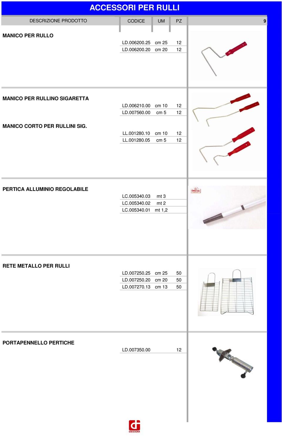 10 cm 10 12 LL.001280.05 cm 5 12 PERTICA ALLUMINIO REGOLABILE LC.005340.03 mt 3 LC.005340.02 mt 2 LC.005340.01 mt 1,2 RETE METALLO PER RULLI LD.