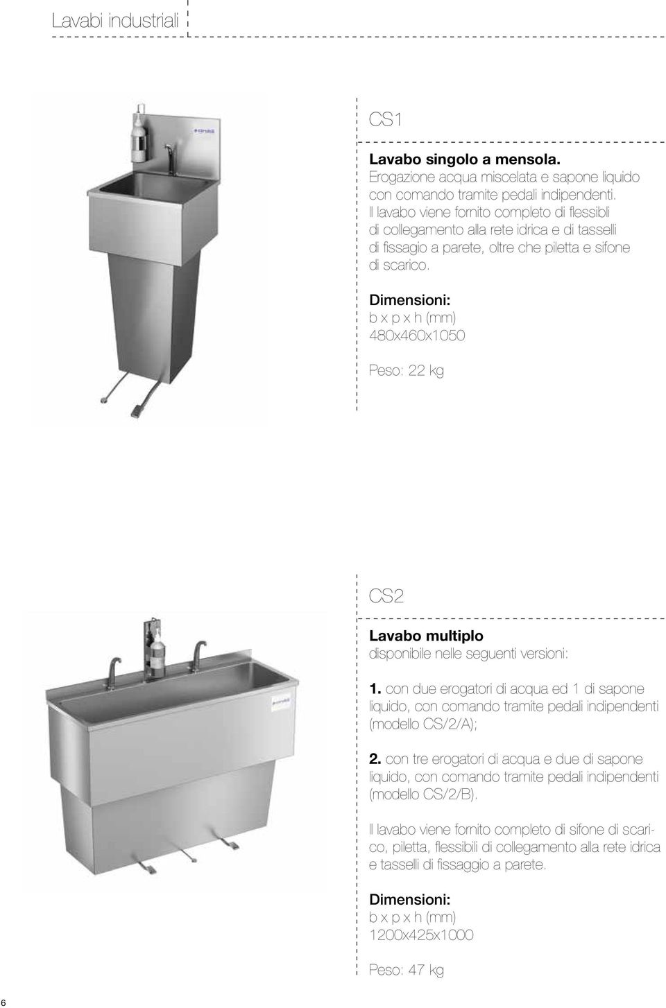 480x460x1050 Peso: 22 kg CS2 Lavabo multiplo disponibile nelle seguenti versioni: 1.