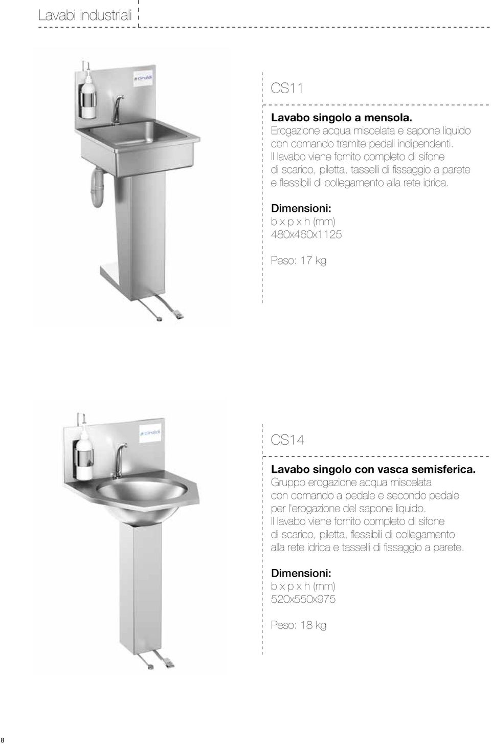 480x460x1125 Peso: 17 kg CS14 Lavabo singolo con vasca semisferica.