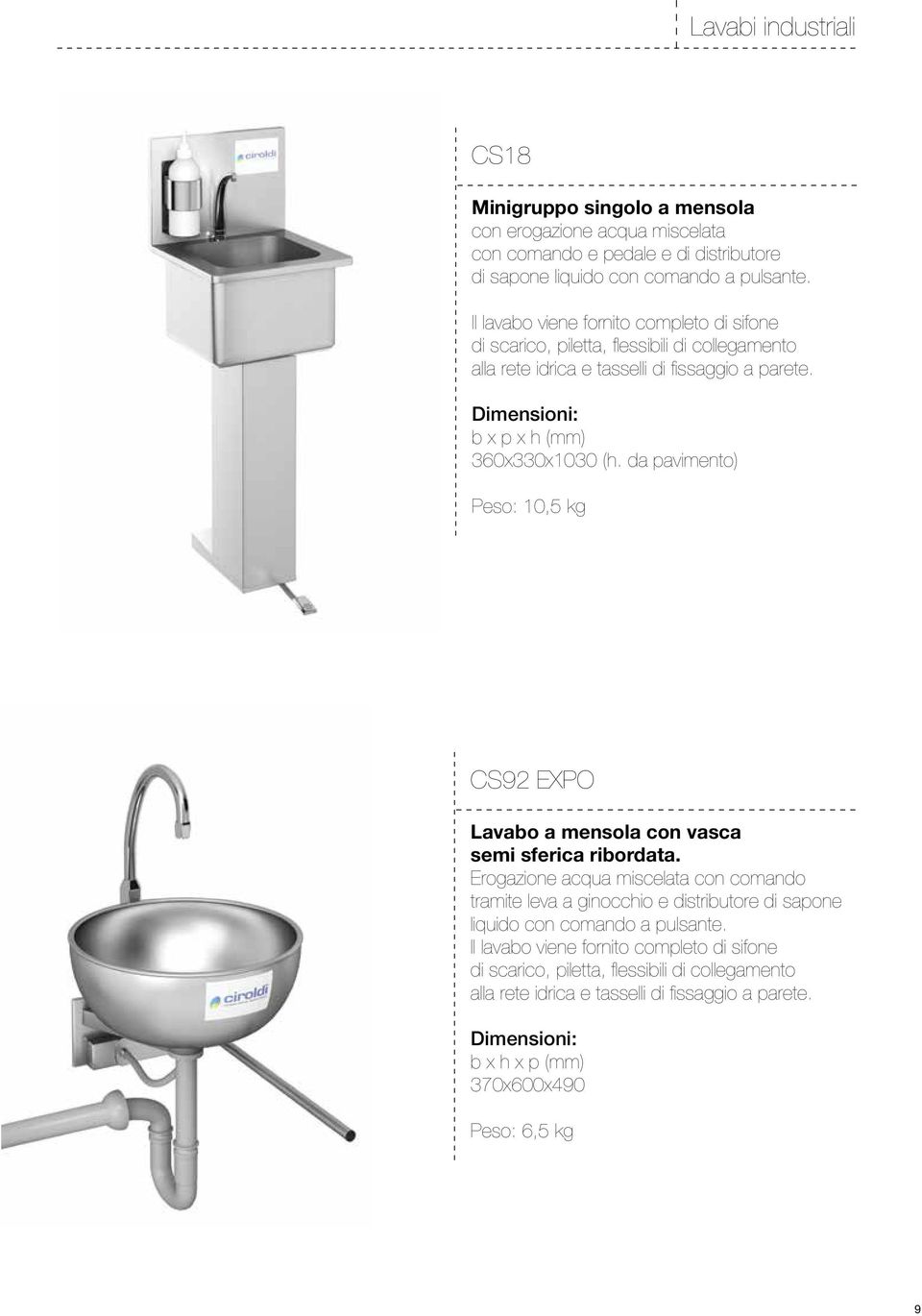 da pavimento) Peso: 10,5 kg CS92 EXPO Lavabo a mensola con vasca semi sferica ribordata.