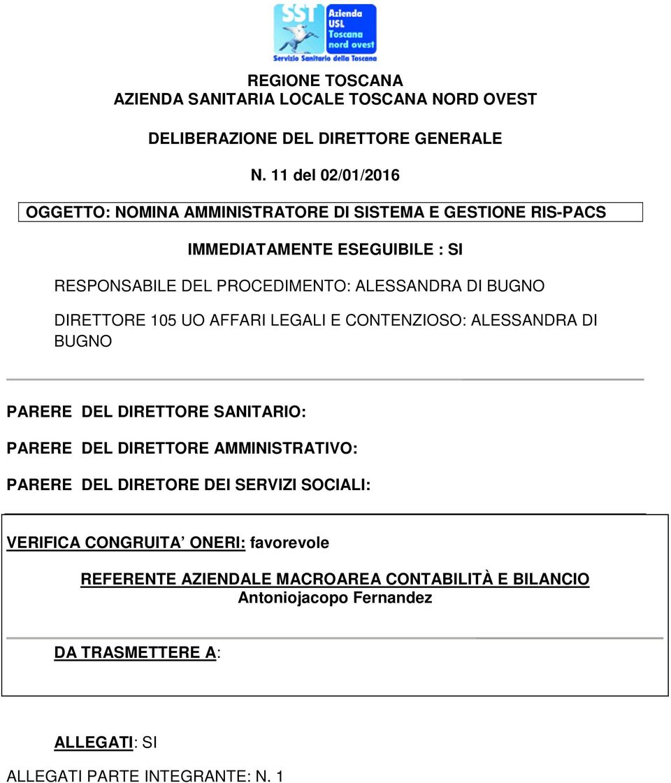 DI BUGNO DIRETTORE 105 UO AFFARI LEGALI E CONTENZIOSO: ALESSANDRA DI BUGNO PARERE DEL DIRETTORE SANITARIO: PARERE DEL DIRETTORE AMMINISTRATIVO: PARERE