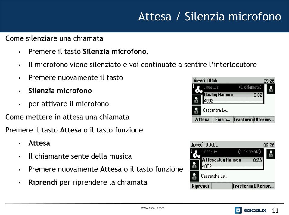 microfono per attivare il microfono Come mettere in attesa una chiamata Premere il tasto Attesa o il tasto