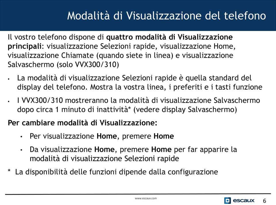 Mostra la vostra linea, i preferiti e i tasti funzione I VVX300/310 mostreranno la modalità di visualizzazione Salvaschermo dopo circa 1 minuto di inattività* (vedere display Salvaschermo) Per