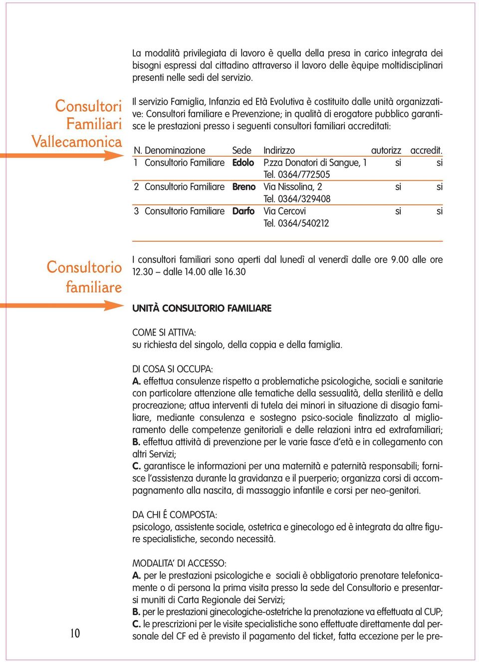 garantisce le prestazioni presso i seguenti consultori familiari accreditati: N. Denominazione Sede Indirizzo autorizz accredit. 1 Consultorio Familiare Edolo P.zza Donatori di Sangue, 1 si si Tel.