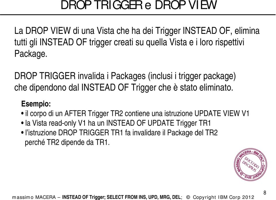 DROP TRIGGER invalida i Packages (inclusi i trigger package) che dipendono dal INSTEAD OF Trigger che è stato eliminato.