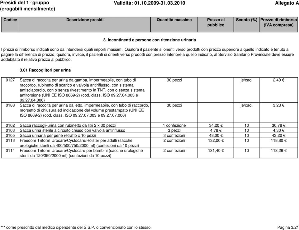 inferiore a quello indicato, al Servizio Sanitario Provinciale deve essere addebitato il relativo prezzo al. 3.
