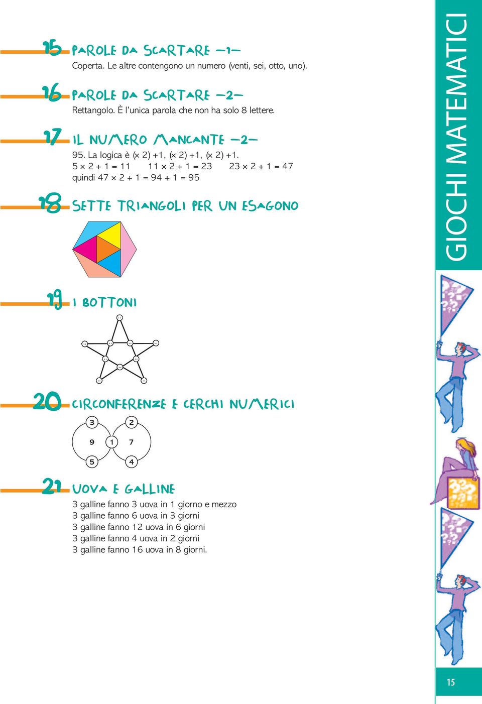 5 2 + 1 = 11 11 2 + 1 = 23 23 2 + 1 = 47 quindi 47 2 + 1 = 94 + 1 = 95 18 SETTE TRIANGOLI PER UN ESAGONO GIOCHI MATEMATICI 19 I BOTTONI 20 CIRCONFERENZE E