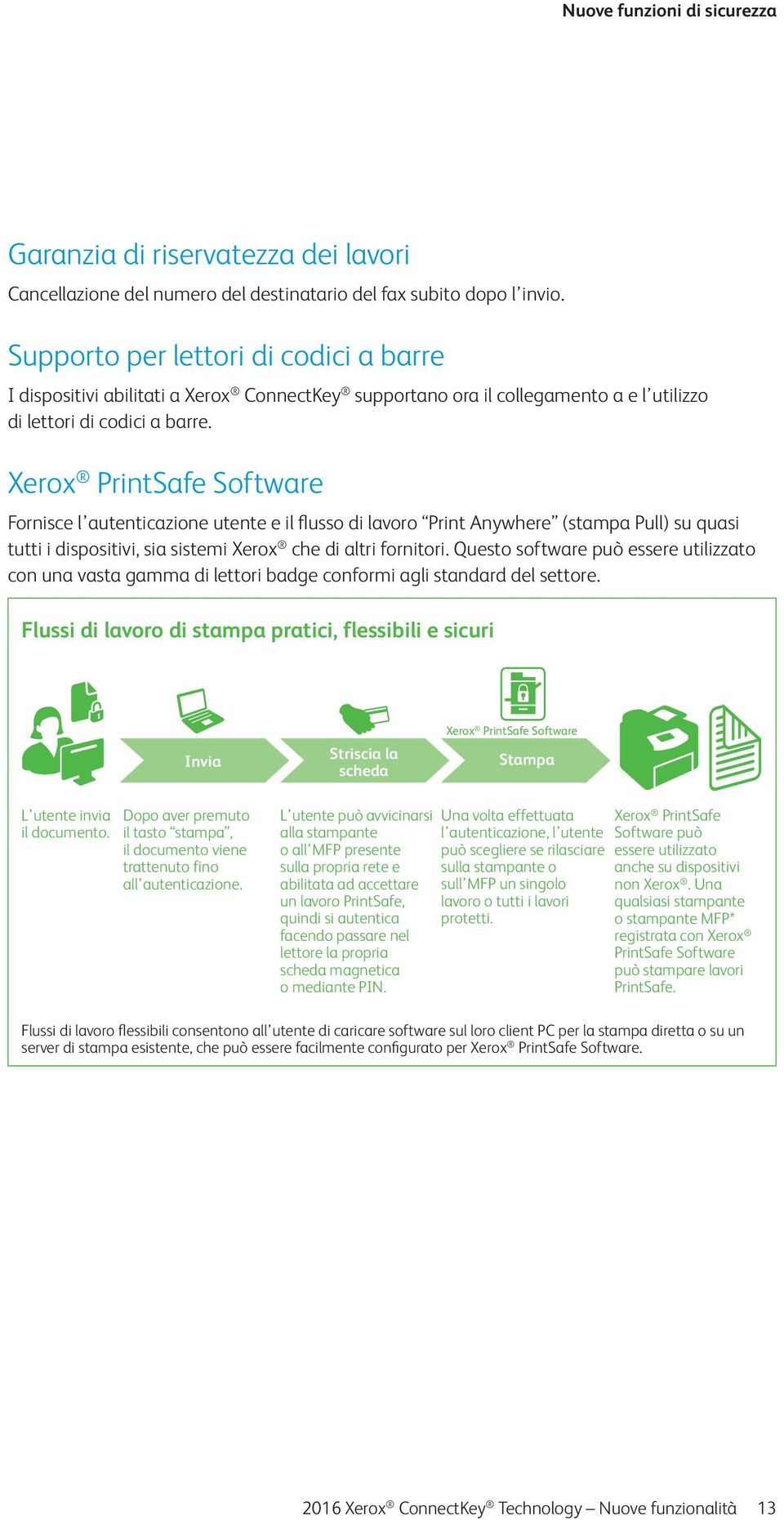 Xerox PrintSafe Software Fornisce l autenticazione utente e il flusso di lavoro Print Anywhere (stampa Pull) su quasi tutti i dispositivi, sia sistemi Xerox che di altri fornitori.