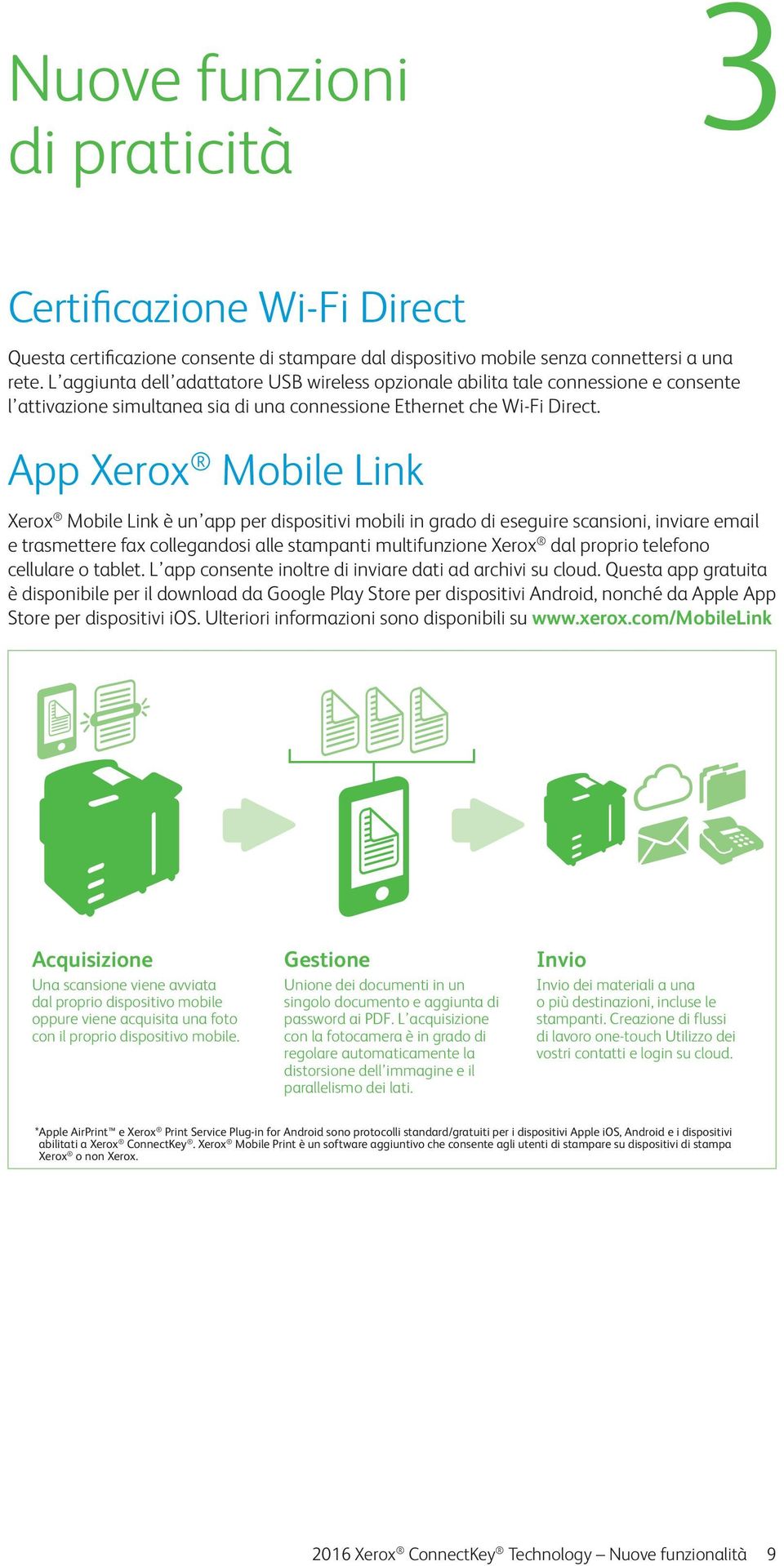 App Xerox Mobile Link Xerox Mobile Link è un app per dispositivi mobili in grado di eseguire scansioni, inviare email e trasmettere fax collegandosi alle stampanti multifunzione Xerox dal proprio