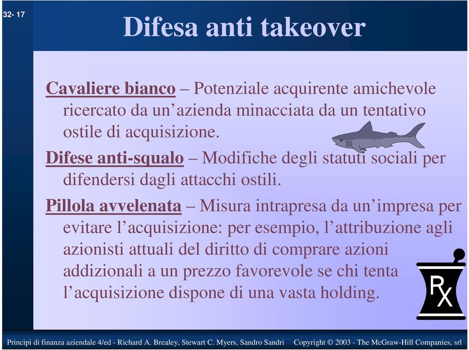 Pillola avvelenata Misura intrapresa da un impresa per evitare l acquisizione: per esempio, l attribuzione agli azionisti