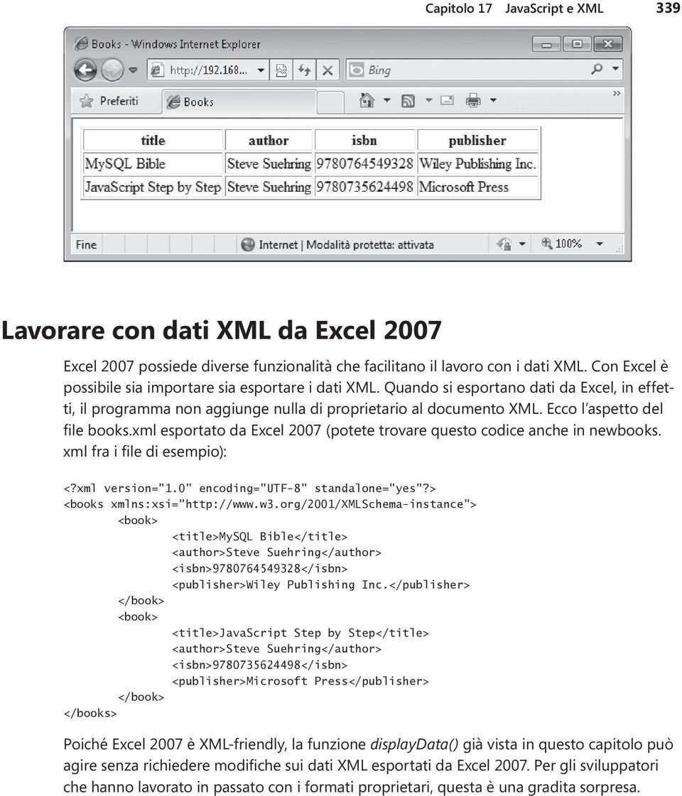 Ecco l aspetto del file books.xml esportato da Excel 2007 (potete trovare questo codice anche in newbooks. xml fra i file di esempio): <?xml version="1.0" encoding="utf-8" standalone="yes"?