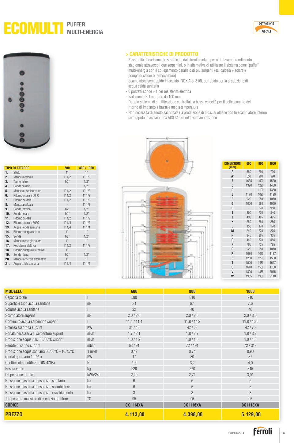 caldaia + solare + pompa di calore o termocamino) - Scambiatore semirapido in acciaio INOX AISI 316L corrugato per la produzione di acqua calda sanitaria - 6 pozzetti sonde + 1 per resistenza