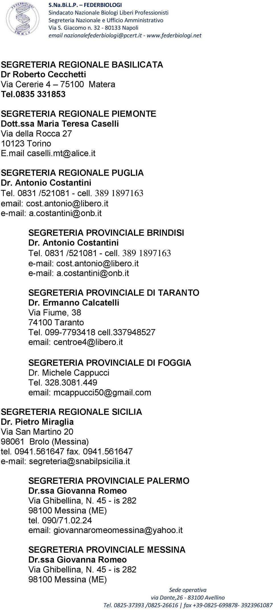 it SEGRETERIA PROVINCIALE BRINDISI Dr. Antonio Costantini Tel. 0831 /521081 - cell. 389 1897163 e-mail: cost.antonio@libero.it e-mail: a.costantini@onb.it SEGRETERIA PROVINCIALE DI TARANTO Dr.