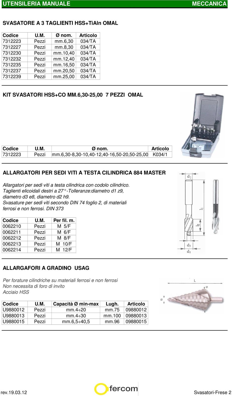 6,30-8,30-10,40-12,40-16,50-20,50-25,00 K034/1 ALLARGATORI PER SEDI VITI A TESTA CILINDRICA 884 MASTER Allargatori per sedi viti a testa cilindrica con codolo cilindrico.