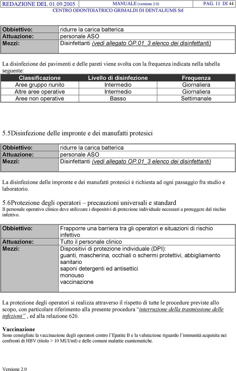 gruppo riunito Intermedio Giornaliera Altre aree operative Intermedio Giornaliera Aree non operative Basso Settimanale 5.