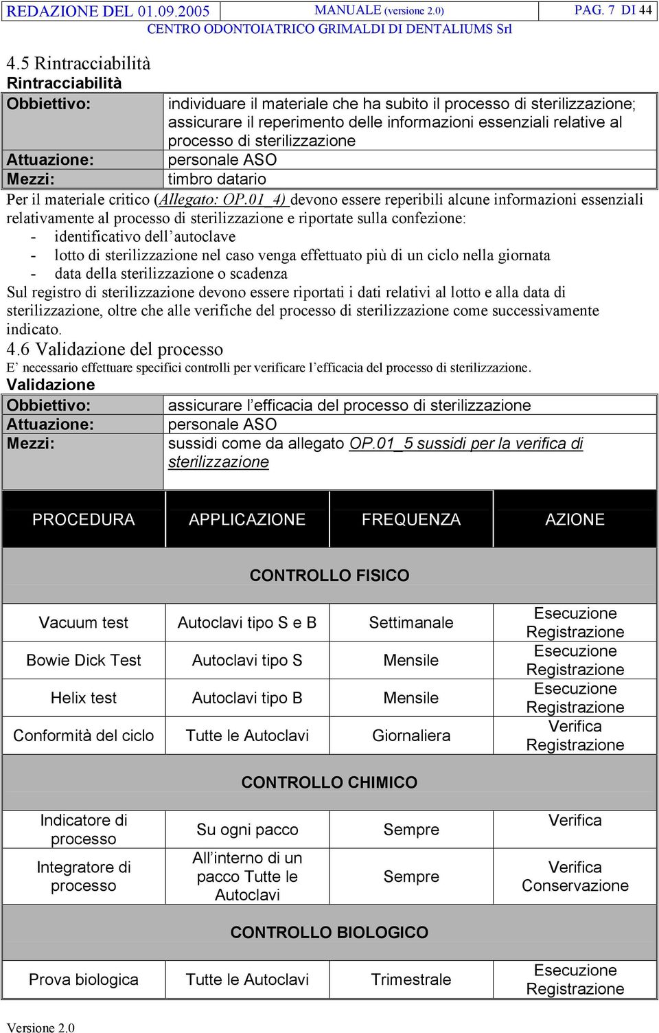 relative al processo di sterilizzazione personale ASO timbro datario Per il materiale critico (Allegato: OP.