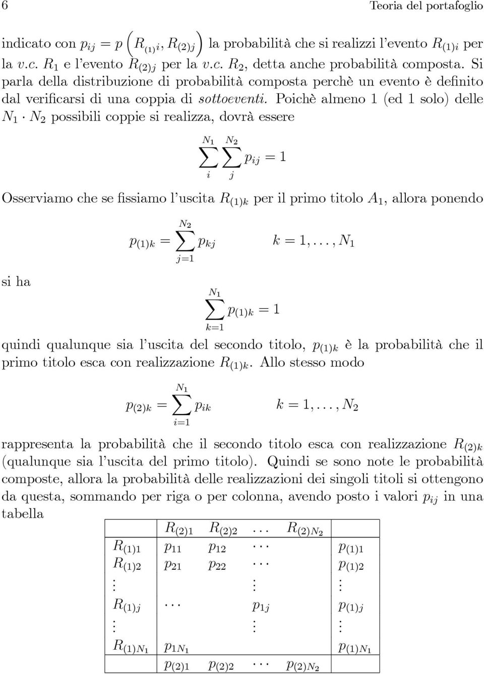 Poichè almeno 1 (ed 1 solo) delle N 1 N 2 possibili coppie si realizza, dovrà essere N 1 N 2 i p ij =1 j Osserviamo che se fissiamo l uscita R (1)k per il primo titolo A 1, allora ponendo si ha N 2 p