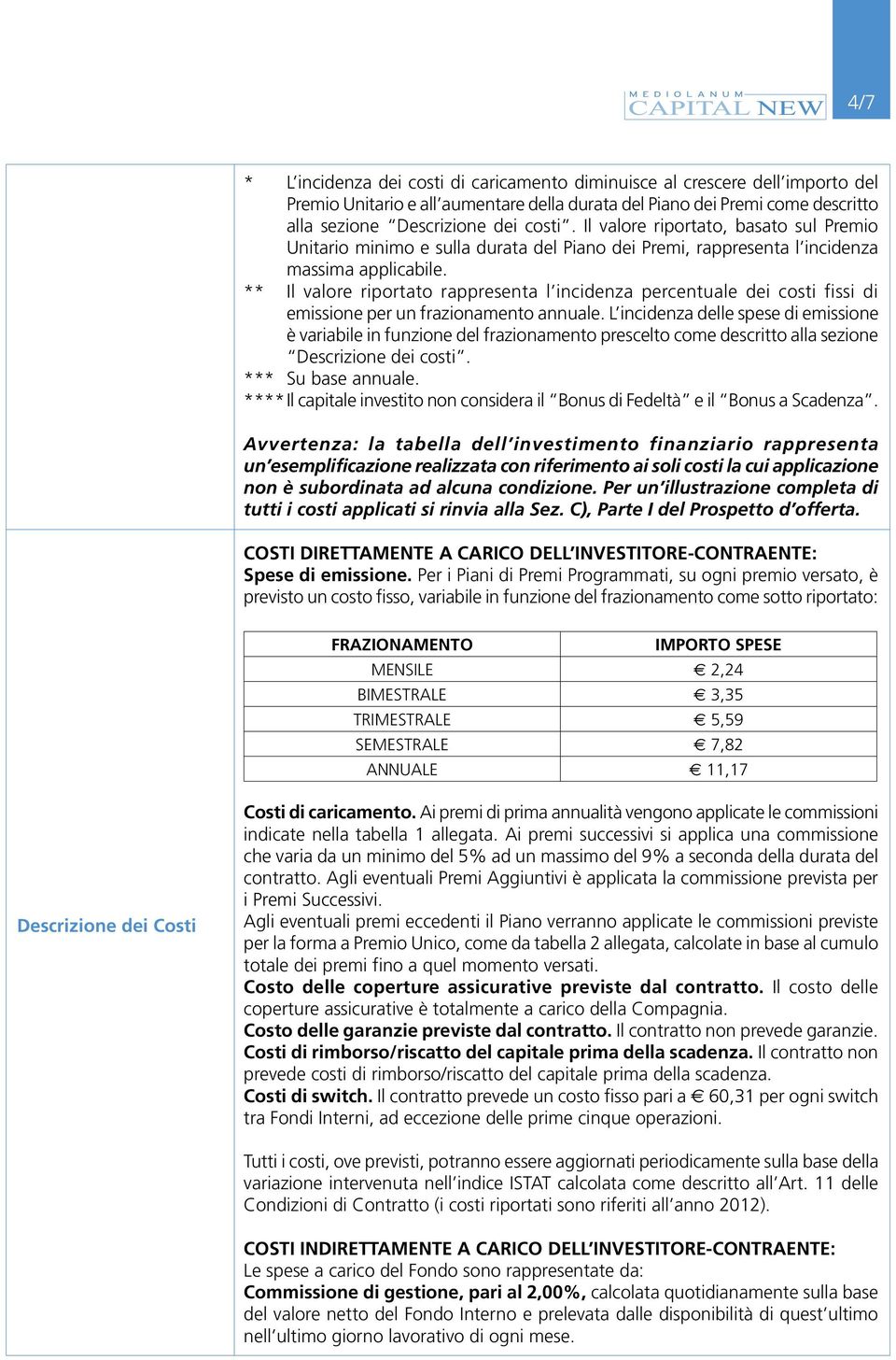 ** Il valore riportato rappresenta l incidenza percentuale dei costi fissi di emissione per un frazionamento annuale.