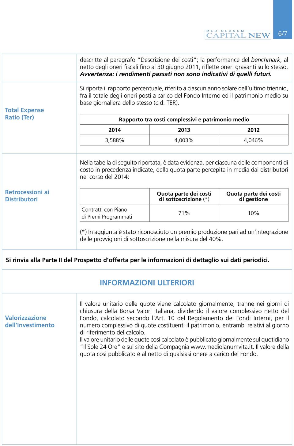 Total Expense Ratio (Ter) Si riporta il rapporto percentuale, riferito a ciascun anno solare dell ultimo triennio, fra il totale degli oneri posti a carico del Fondo Interno ed il patrimonio medio su