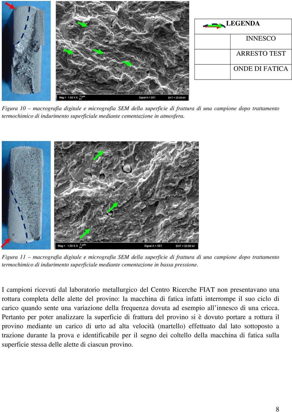 Figura 11 macrografia digitale e micrografia SEM della superficie di frattura di una campione dopo trattamento termochimico di indurimento superficiale mediante cementazione in bassa pressione.