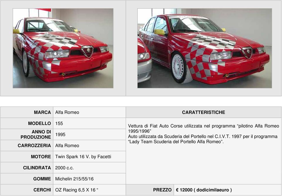 1997 per il programma Lady Team Scuderia del Portello Alfa Romeo. MOTORE Twin Spark 16 V.