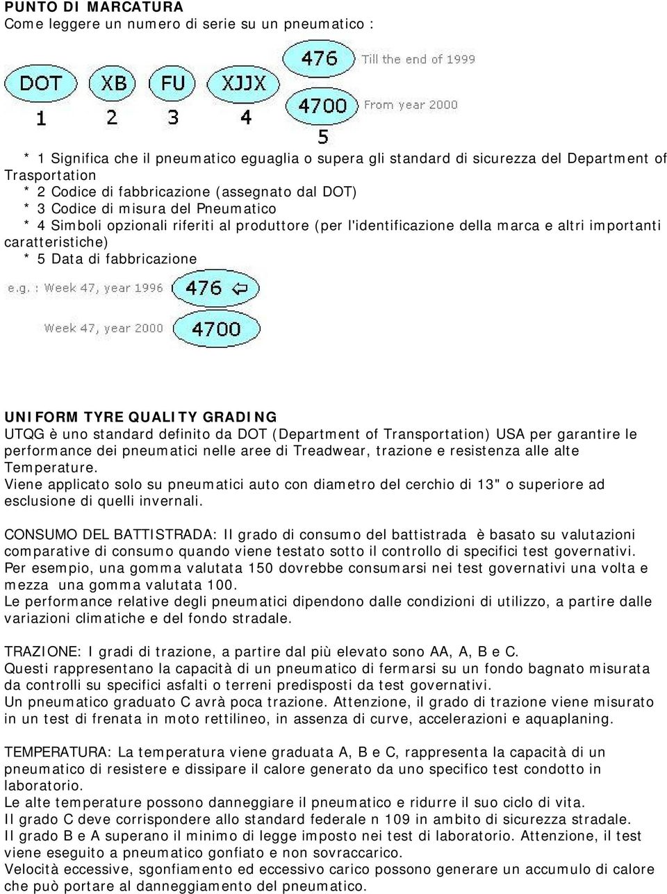 fabbricazione UNIFORM TYRE QUALITY GRADING UTQG è uno standard definito da DOT (Department of Transportation) USA per garantire le performance dei pneumatici nelle aree di Treadwear, trazione e