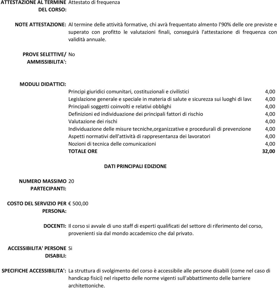 No MODULI DIDATTICI: NUMERO MASSIMO PARTECIPANTI: COSTO DEL SERVIZIO PER 500,00 PERSONA: DOCENTI: ACCESSIBILITA' PERSONE DISABILI: SPECIFICHE ACCESSIBILITA': Principi giuridici comunitari,