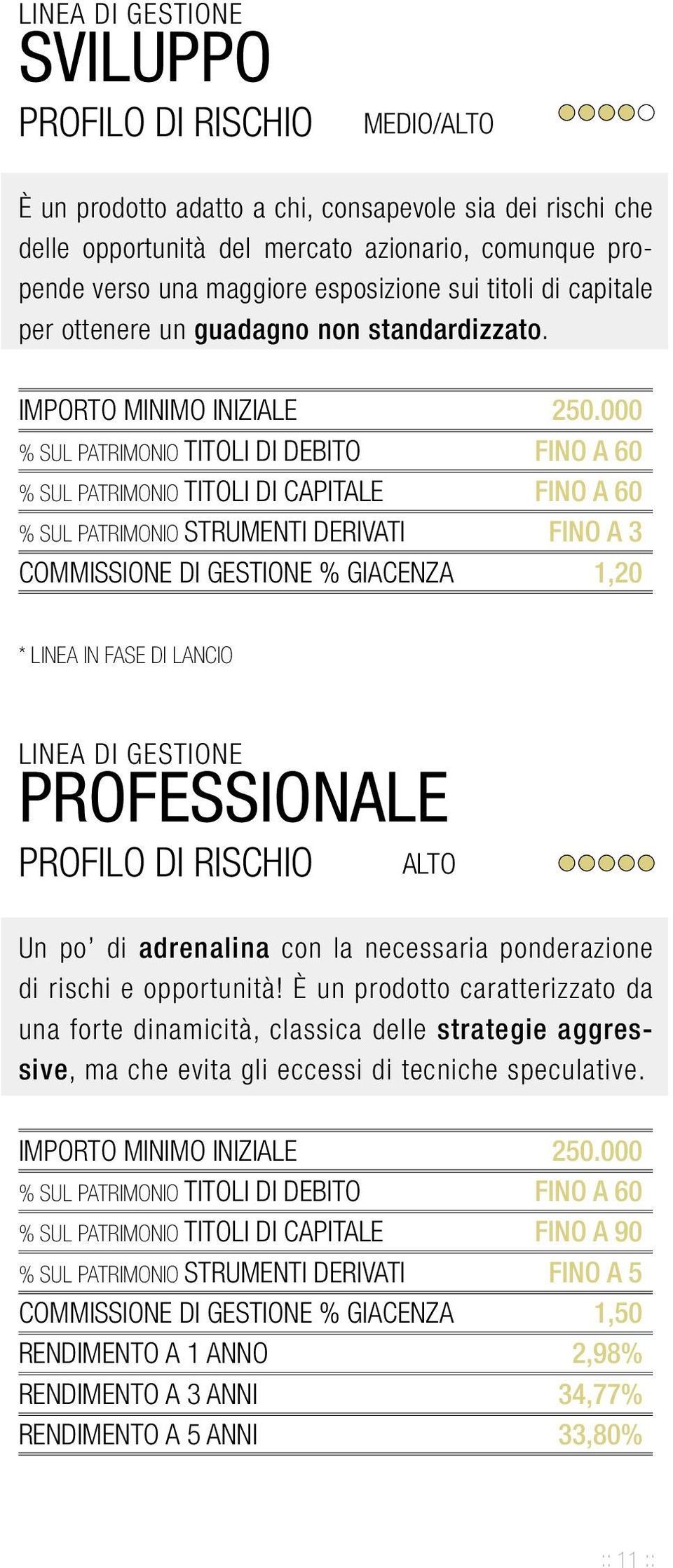 000 % SUL PATRIMONIO TITOLI DI DEBITO FINO A 60 % SUL PATRIMONIO TITOLI DI CAPITALE FINO A 60 % SUL PATRIMONIO STRUMENTI DERIVATI FINO A 3 COMMISSIONE DI GESTIONE % GIACENZA 1,20 * LINEA IN FASE DI