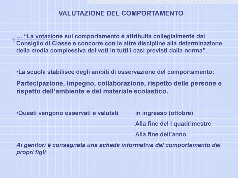 La scuola stabilisce degli ambiti di osservazione del comportamento: Partecipazione, impegno, collaborazione, rispetto delle persone e rispetto dell