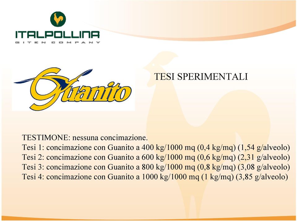 concimazione con Guanito a 600 kg/1000 mq (0,6 kg/mq) (2,31 g/alveolo) Tesi 3: concimazione