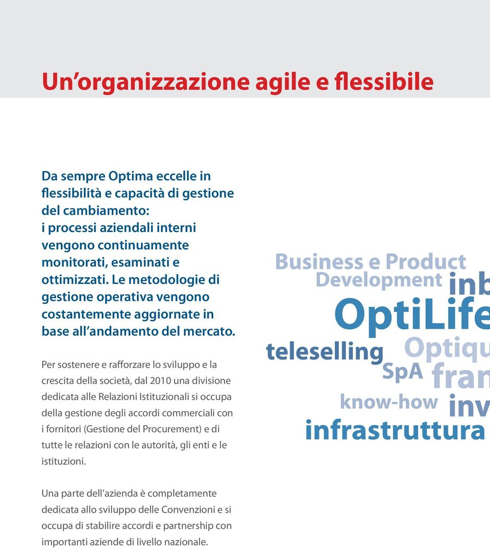 OptiLife Per sostenere e rafforzare lo sviluppo e la crescita della società, dal 2010 una divisione dedicata alle Relazioni Istituzionali si occupa della gestione degli accordi commerciali con i