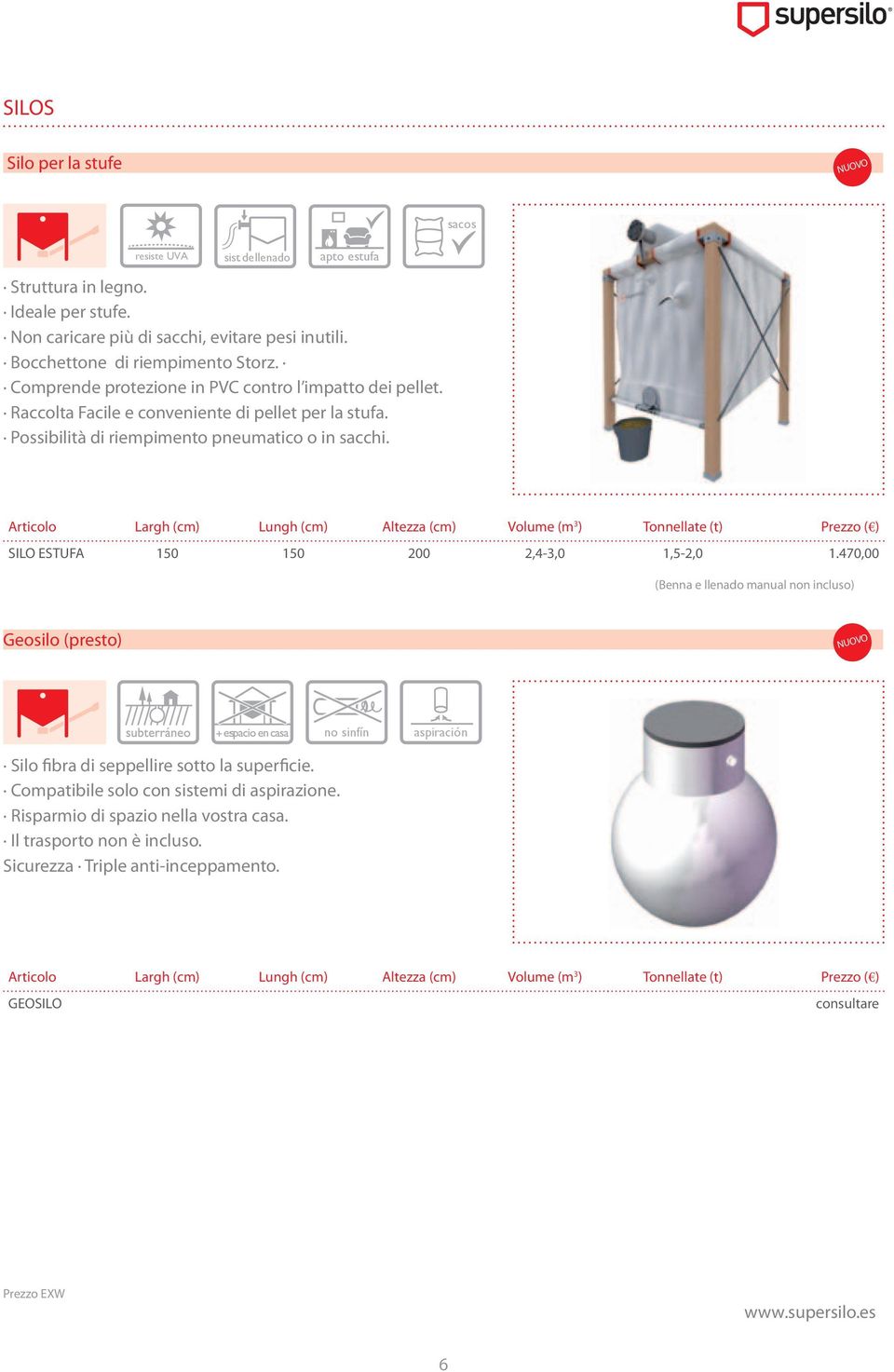 Possibilità di riempimento pneumatico o in sacchi. SILO ESTUFA 150 150 200 2,4-3,0 1,5-2,0 1.