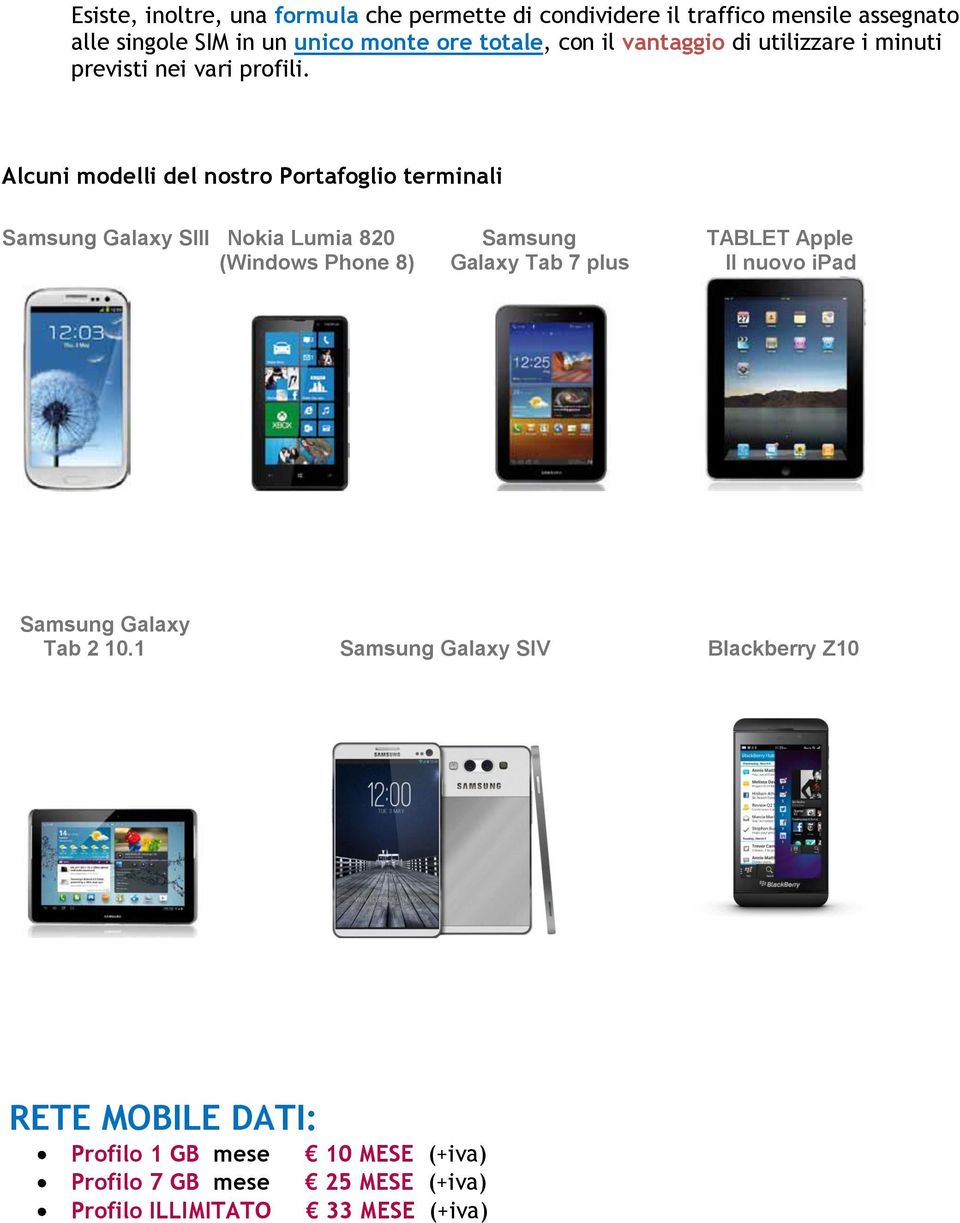 Alcuni modelli del nostro Portafoglio terminali Samsung Galaxy SIII Nokia Lumia 820 Samsung TABLET Apple (Windows Phone 8) Galaxy Tab