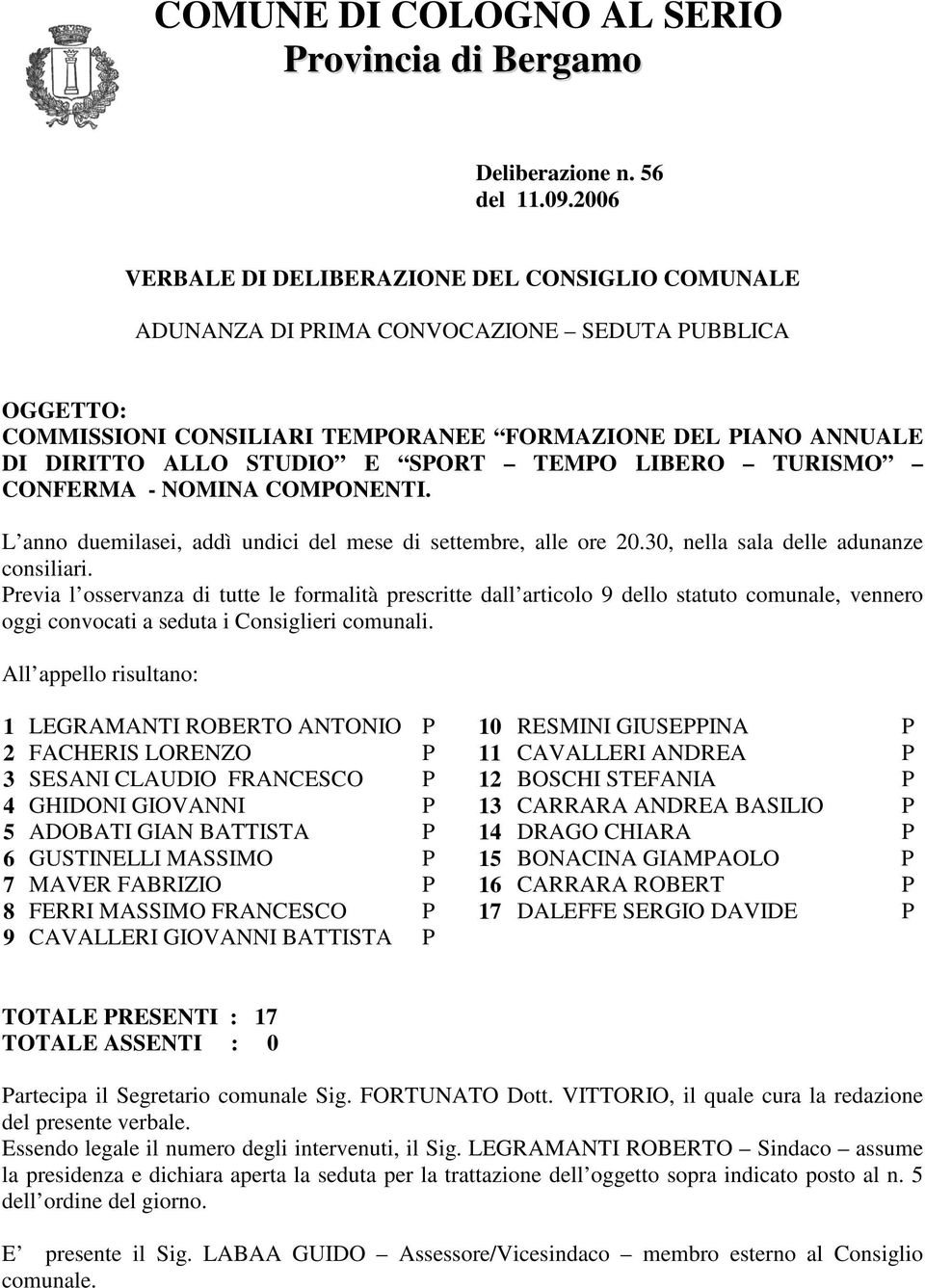 SPORT TEMPO LIBERO TURISMO CONFERMA - NOMINA COMPONENTI. L anno duemilasei, addì undici del mese di settembre, alle ore 20.30, nella sala delle adunanze consiliari.