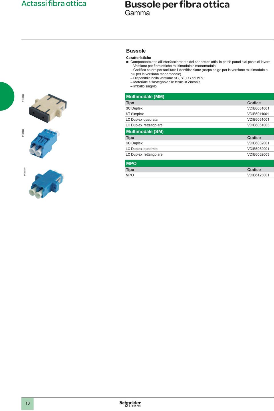 LC ed MPO Materiale a sostegno delle ferule in Zirconia Imballo singolo P133697 P131693 Multimodale (MM) Tipo SC Duplex ST Simplex LC Duplex quadrata LC Duplex rettangolare Multimodale (SM)