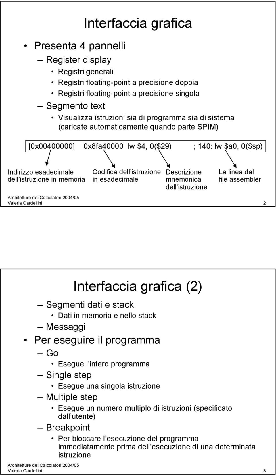 istruzione in esadecimale Descrizione mnemonica dell istruzione La linea dal file assembler Valeria Cardellini 2 Interfaccia grafica (2) Segmenti dati e stack Dati in memoria e nello stack Messaggi