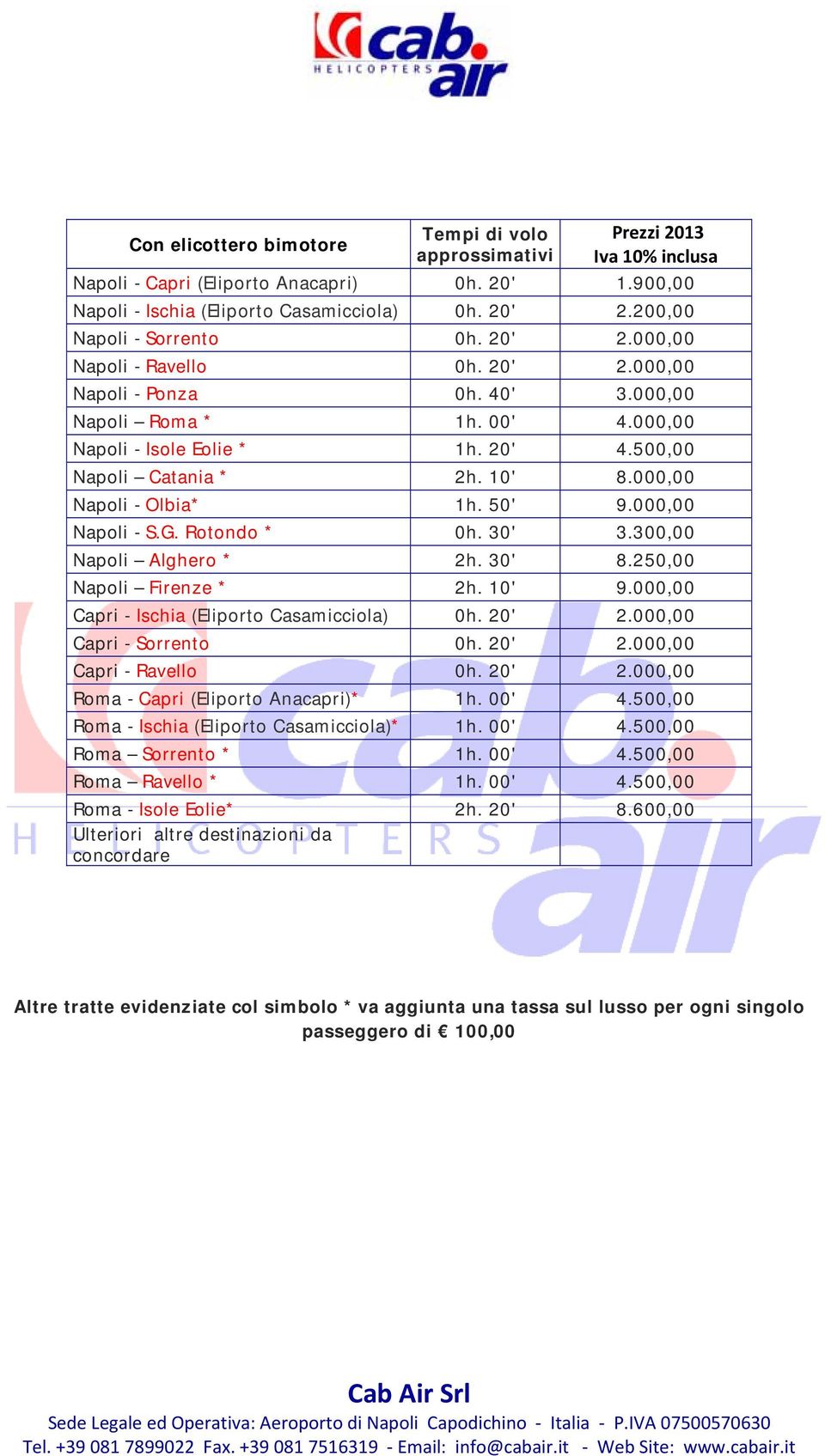 300,00 Napoli Alghero * 2h. 30' 8.250,00 Napoli Firenze * 2h. 10' 9.000,00 Capri - Ischia (Eliporto Casamicciola) 0h. 20' 2.000,00 Capri - Sorrento 0h. 20' 2.000,00 Capri - Ravello 0h. 20' 2.000,00 Roma - Capri (Eliporto Anacapri)* 1h.