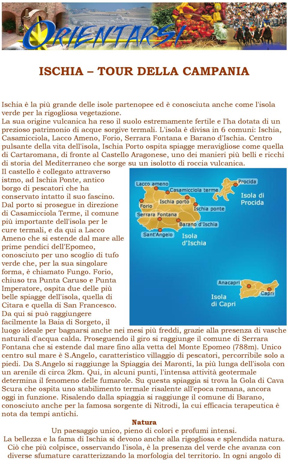 L'isola è divisa in 6 comuni: Ischia, Casamicciola, Lacco Ameno, Forio, Serrara Fontana e Barano d'ischia.