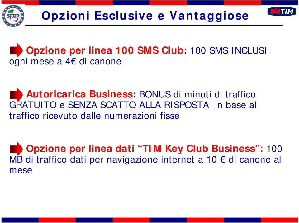 ALLA RISPOSTA in base al traffico ricevuto dalle numerazioni fisse Opzione per linea dati