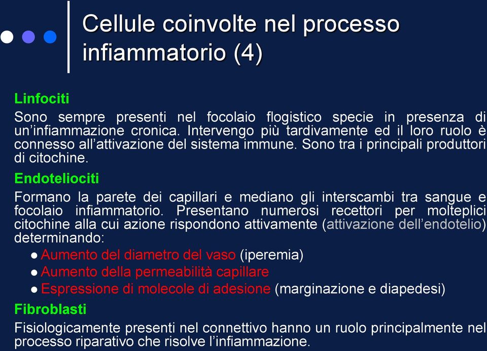 Endoteliociti Formano la parete dei capillari e mediano gli interscambi tra sangue e focolaio infiammatorio.