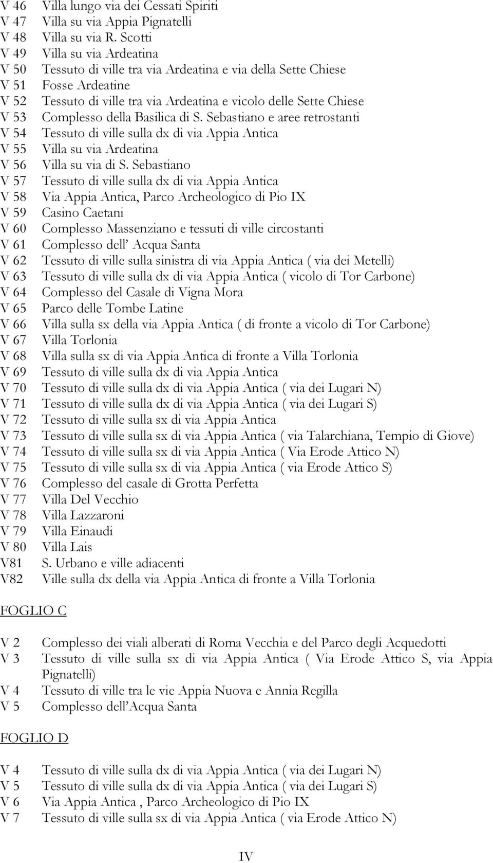 Complesso della Basilica di S. Sebastiano e aree retrostanti V 54 Tessuto di ville sulla dx di via Appia Antica V 55 Villa su via Ardeatina V 56 Villa su via di S.