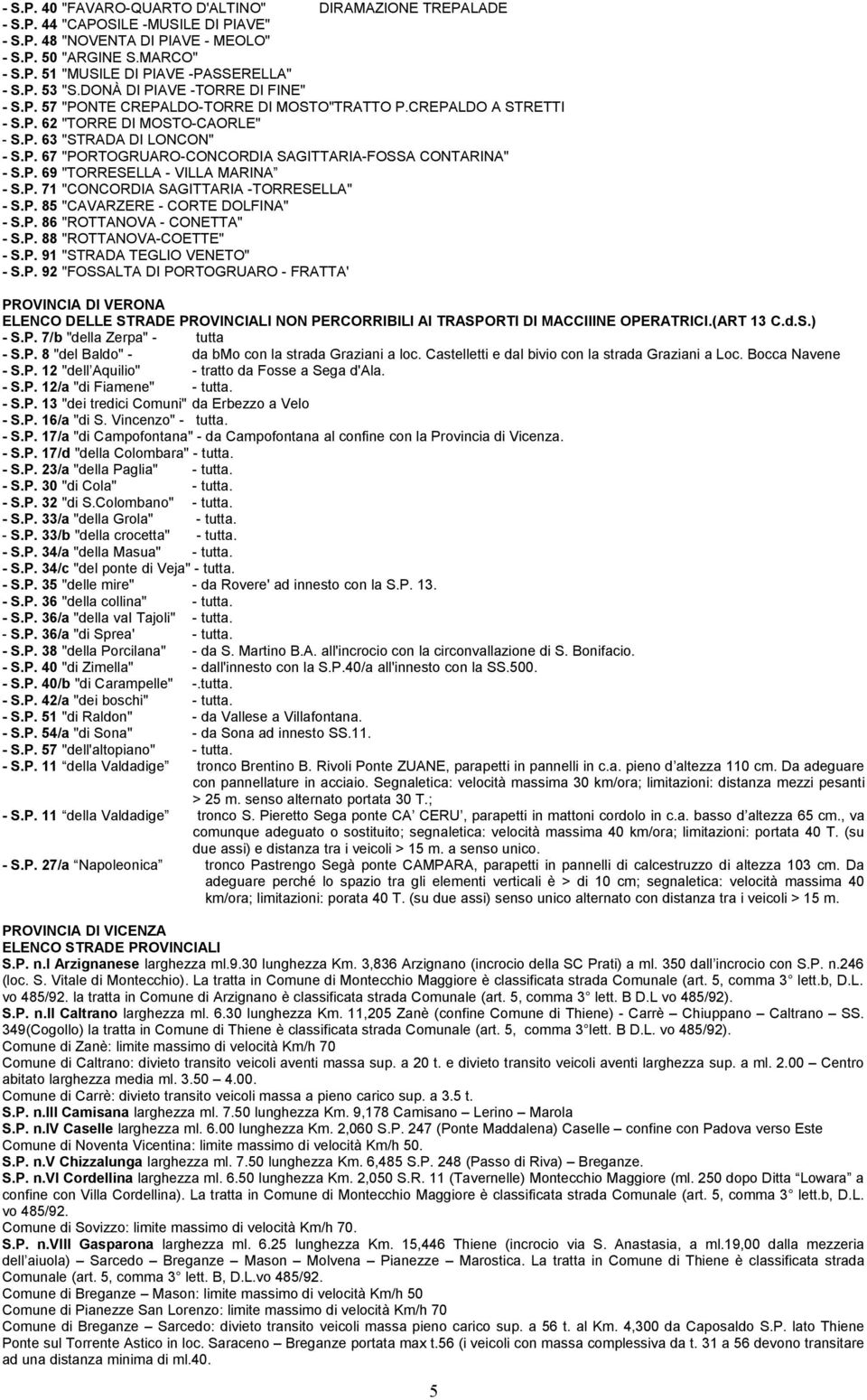 P. 69 "TORRESELLA - VILLA MARINA - S.P. 71 "CONCORDIA SAGITTARIA -TORRESELLA" - S.P. 85 "CAVARZERE - CORTE DOLFINA" - S.P. 86 "ROTTANOVA - CONETTA" - S.P. 88 "ROTTANOVA-COETTE" - S.P. 91 "STRADA TEGLIO VENETO" - S.