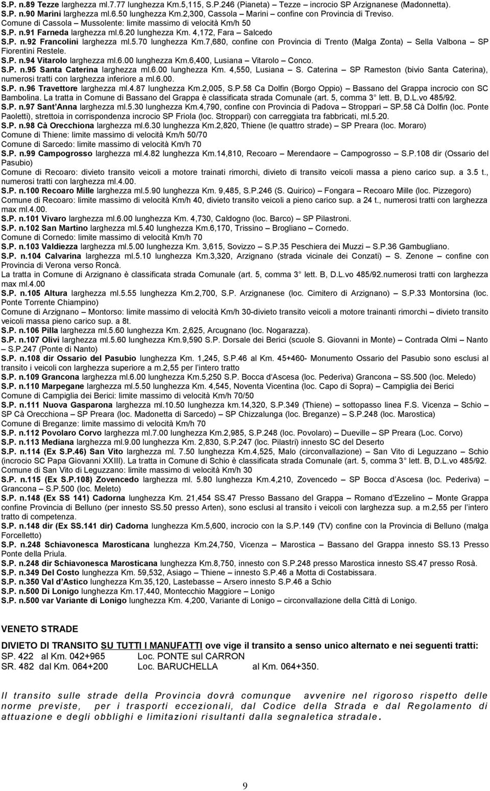 5.70 lunghezza Km.7,680, confine con Provincia di Trento (Malga Zonta) Sella Valbona SP Fiorentini Restele. S.P. n.94 Vitarolo larghezza ml.6.00 lunghezza Km.6,400, Lusiana Vitarolo Conco. S.P. n.95 Santa Caterina larghezza ml.