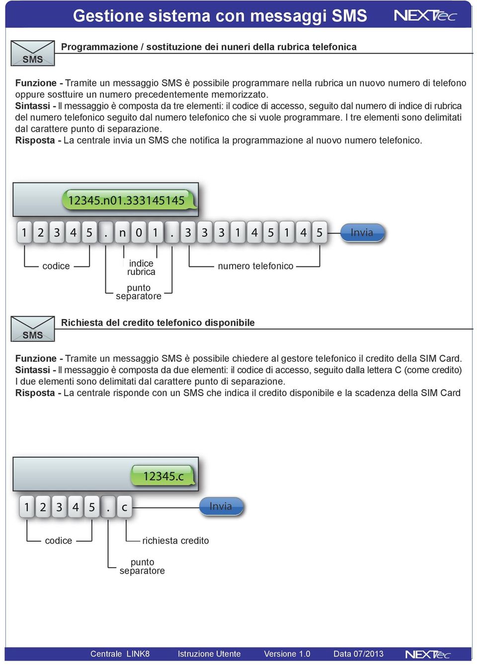 Sintassi - ll messaggio è composta da tre elementi: il di accesso, seguito dal numero di indice di rubrica del numero telefonico seguito dal numero telefonico che si vuole programmare.